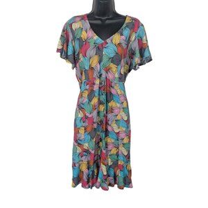 Abstract Leaf Print Dress Button Front Boho Retro Artsy Bohemian Colorful Size S